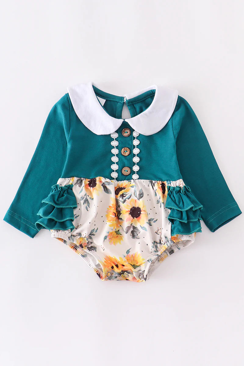 Hunter Green Floral Ruffle Baby Romper