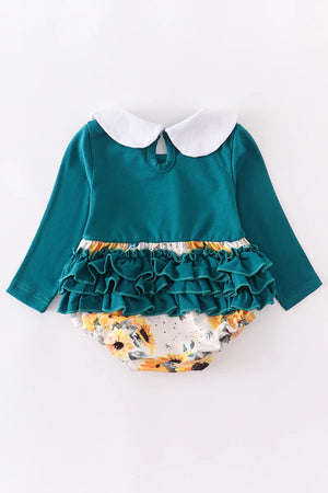Hunter Green Floral Ruffle Baby Romper